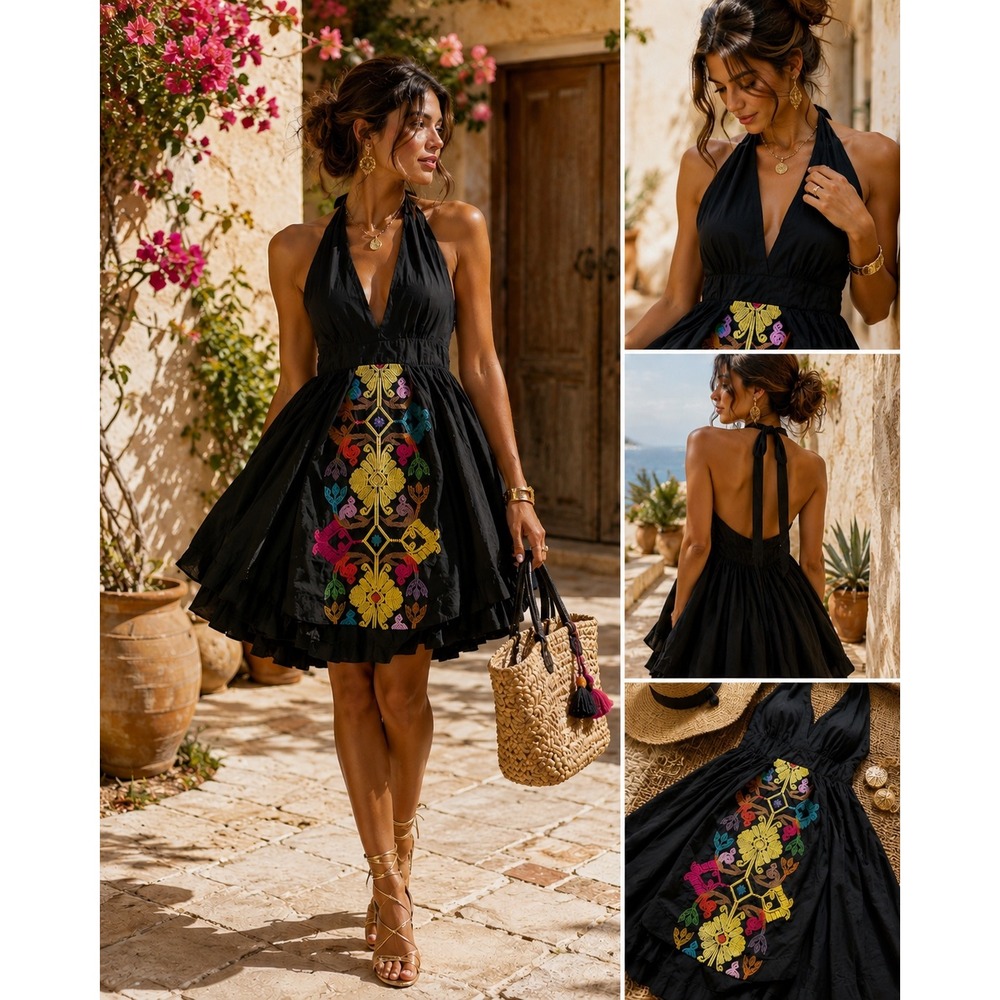 Floreat Anthropologie Black Embroidered Halter Dress Cotton Boho Floral Mini 6